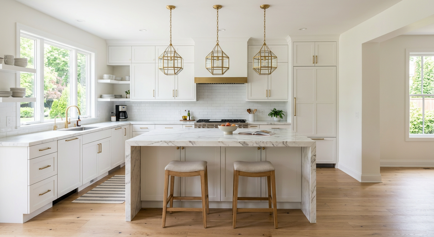 A bright, modern kitchen with white cabinets and brass fixtures